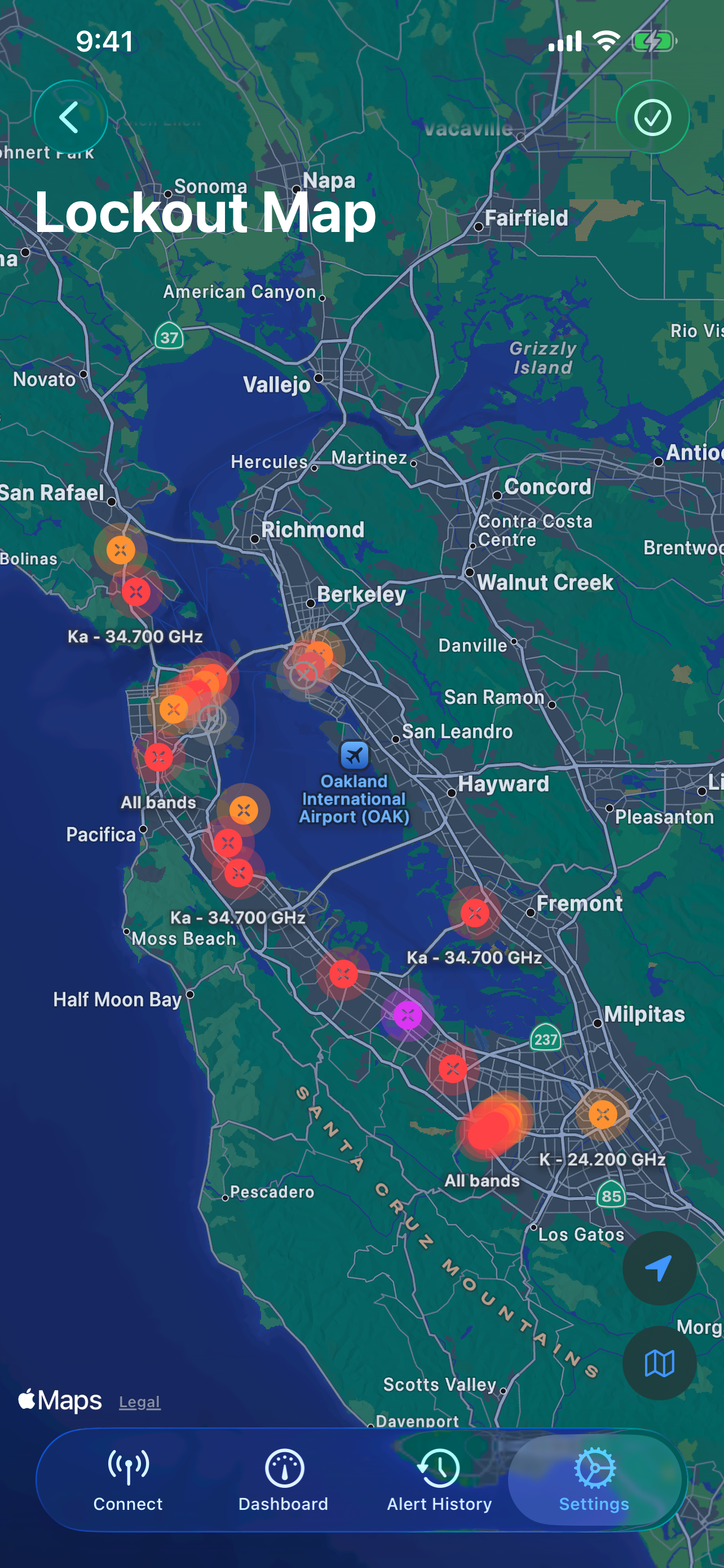 GPS lockout map with color-coded lockout zones